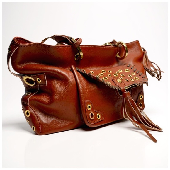 Gustto Women’s Brown Leather Shoulder Bag with Gold Accents. 17.5” x 9.5” - Picture 4 of 15